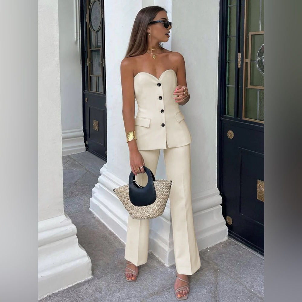 COPY - NWT The Commense Solid Tube Top With Wide Leg Pants Set in cream Size sm…